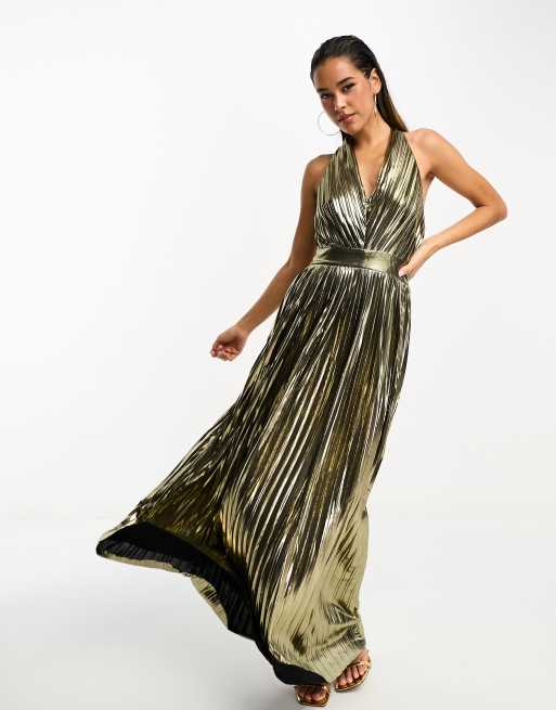 Gold pleated maxi outlet dress