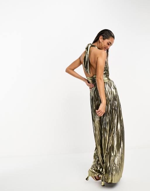 TFNC halterneck pleated maxi dress in gold