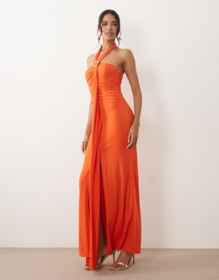 Tfnc Halterneck Trim Detail Ruched Maxi Dress In Orange