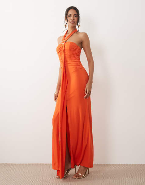 TFNC halterneck trim detail ruched maxi dress in bright orange - view 1