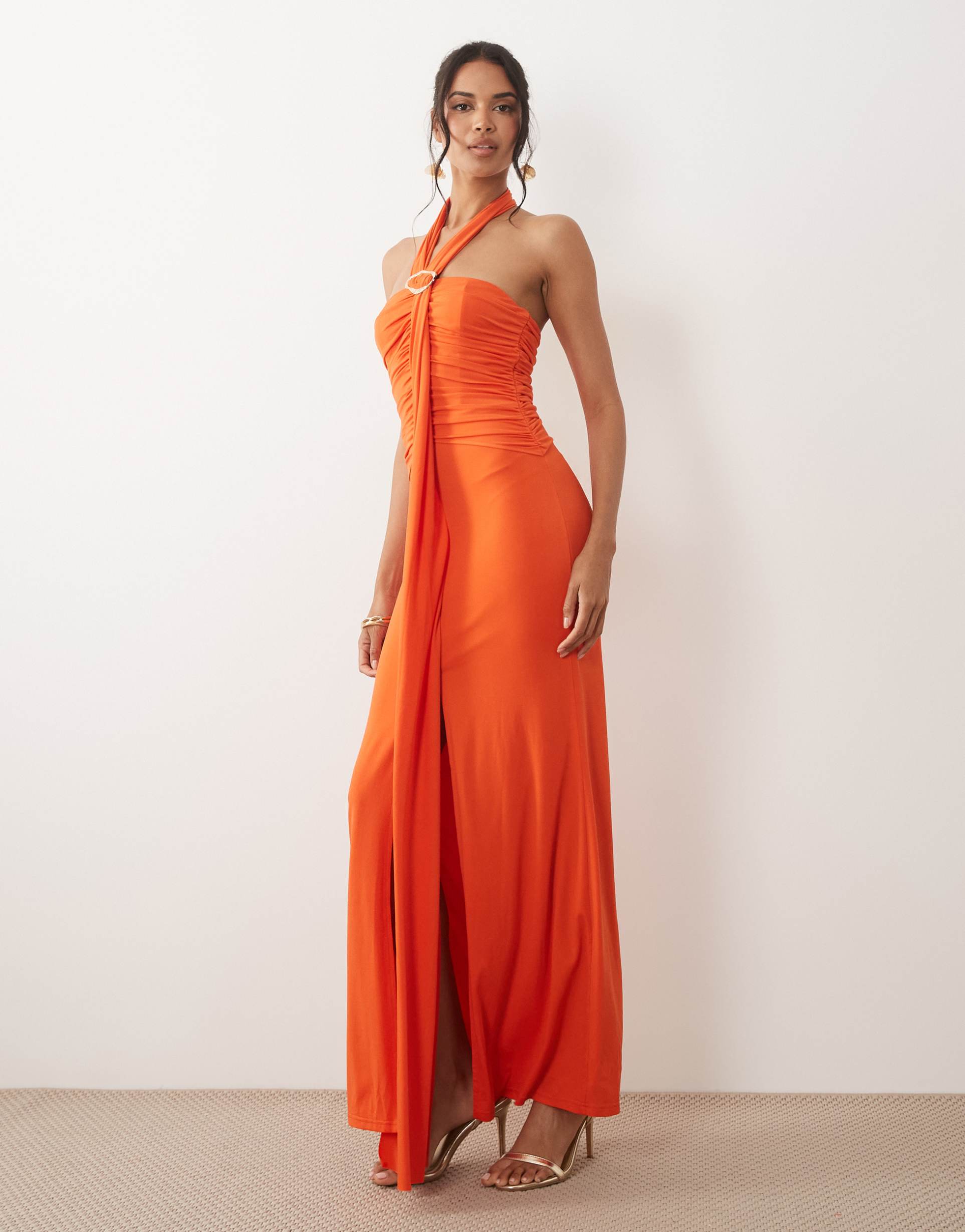 tfnc halterneck trim detail ruched maxi dress in bright orange