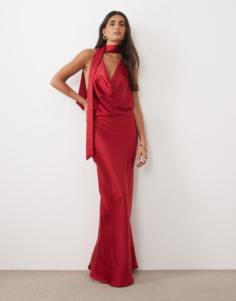 TFNC hammered satin cowl neck scarf detail maxi dress in red - view 1