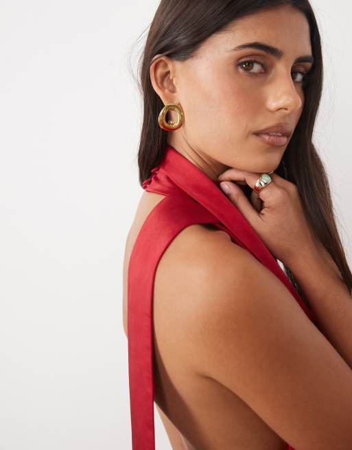 TFNC hammered satin cowl neck scarf detail maxi dress in red, 2 of 4