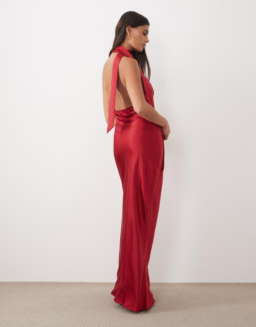 TFNC hammered satin cowl neck scarf detail maxi dress in red, 3 of 4