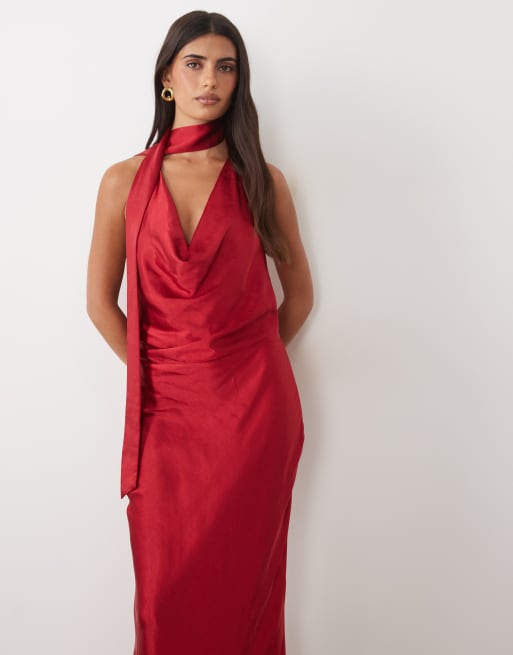 TFNC hammered satin cowl neck scarf detail maxi dress in red, 4 of 4