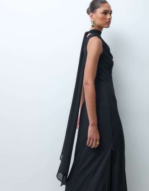 TFNC high neck chiffon scarf detail maxi dress in black, 2 of 4