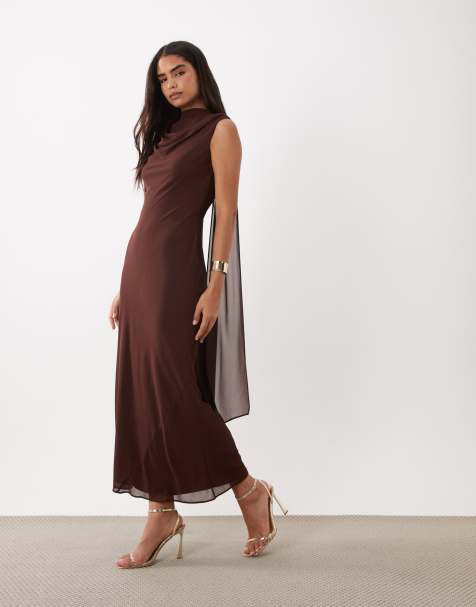 TFNC high neck chiffon scarf detail maxi dress in chocolate - view 1