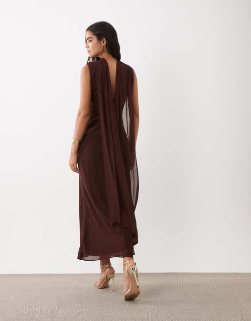 TFNC high neck chiffon scarf detail maxi dress in chocolate, 3 of 4