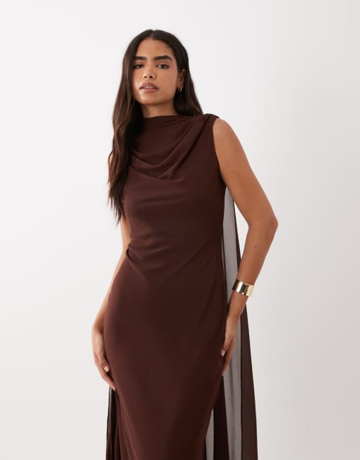 TFNC high neck chiffon scarf detail maxi dress in chocolate, 4 of 4