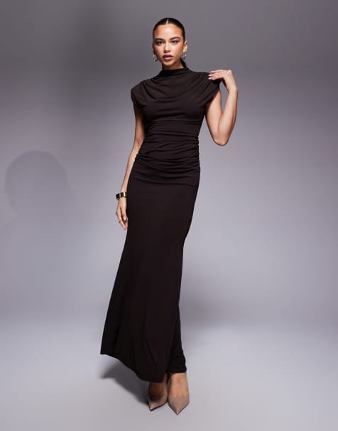 TFNC high neck cowl maxi dress with open back in chocolate - view 1