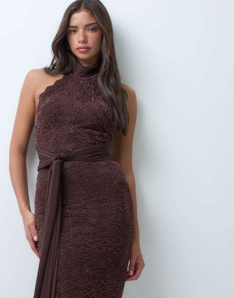 TFNC high neck lace and slinky dress with knot detail midi dress in chocolate - view 1