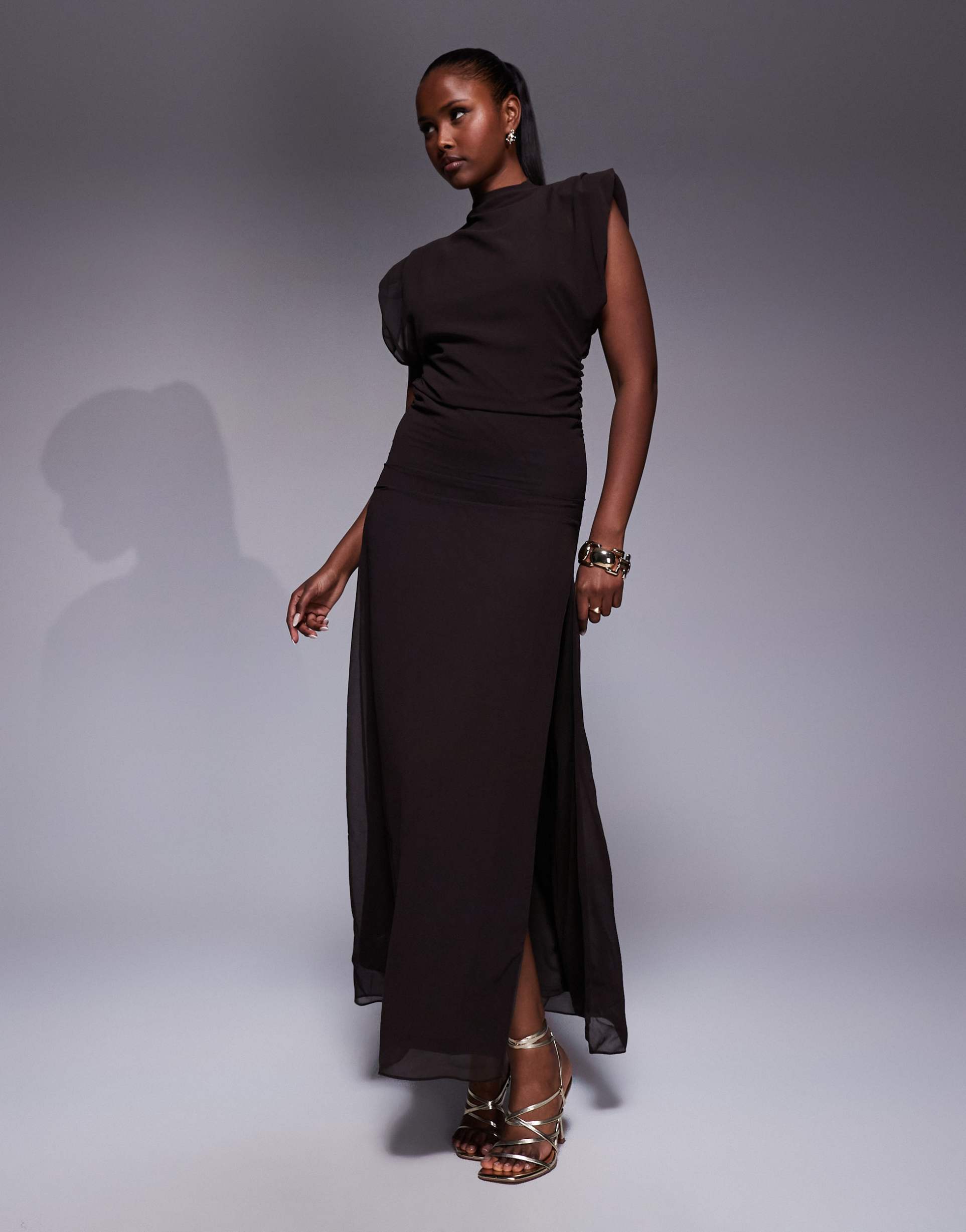 tfnc high neck maxi dress with shoulder pads in chocolate