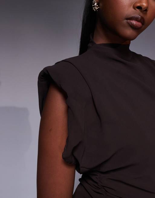 TFNC high neck maxi dress with shoulder pads in chocolate, 2 of 4
