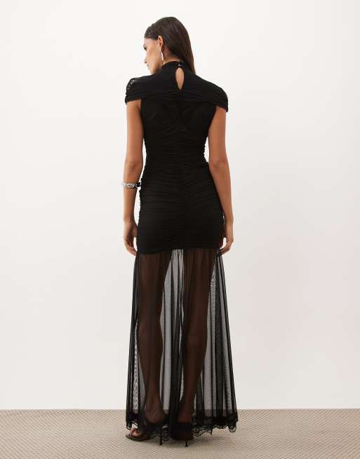 TFNC high neck mesh maxi dress with ruched detailing in black, 4 of 4