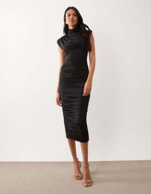 Tfnc High Neck Padded Shoulder Midi Dress In Black