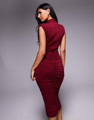 Tfnc High Neck Padded Shoulder Midi Dress In Pink