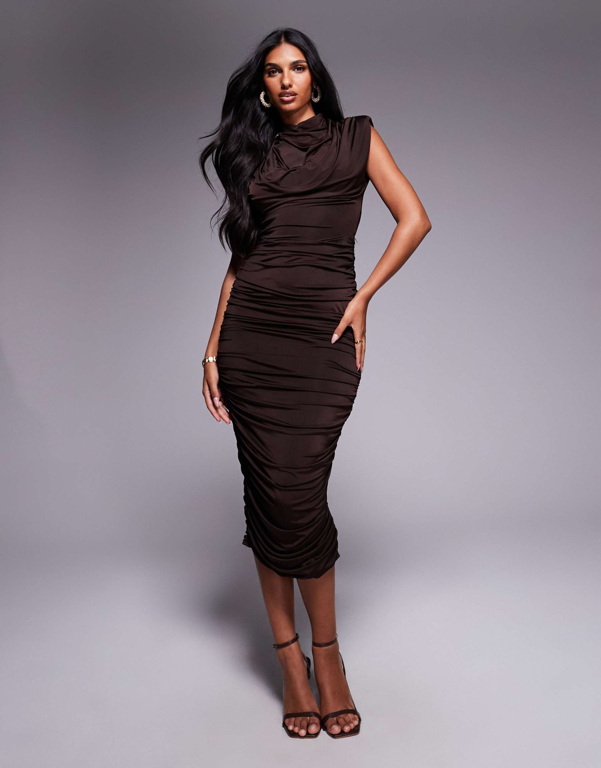 tfnc high neck padded shoulder midi dress in chocolate