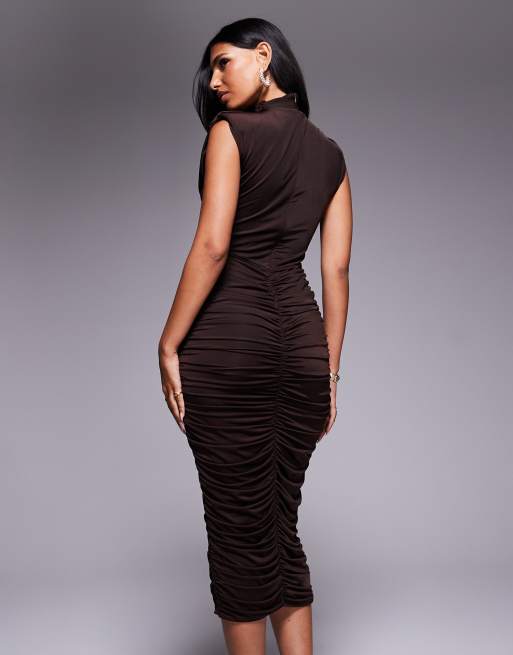 TFNC high neck padded shoulder midi dress in chocolate