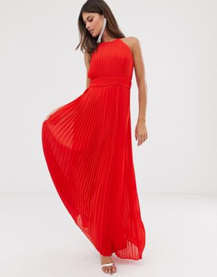 high neck pleated maxi dress in red 