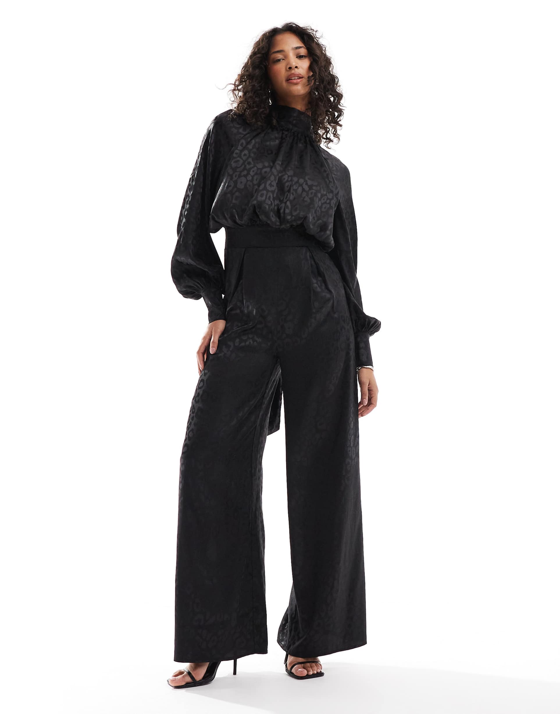 tfnc high neck satin jumpsuit with long sleeves in black