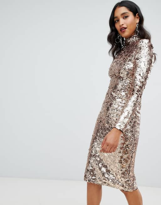 High neck 2025 sequin midi dress