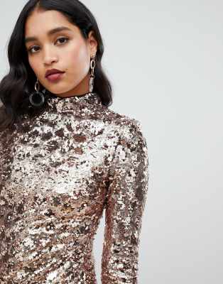 tfnc high neck sequin midi dress in gold