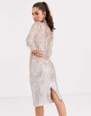 tfnc high neck sequin midi dress in gold