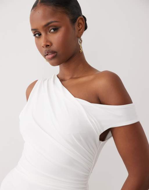 TFNC jersey one shoulder maxi dress with thigh split in white, 2 of 4