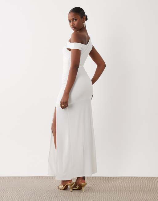 TFNC jersey one shoulder maxi dress with thigh split in white, 4 of 4