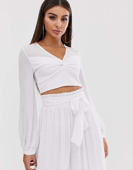 TFNC knot front long sleeve wrap two-piece crop top in white | ASOS