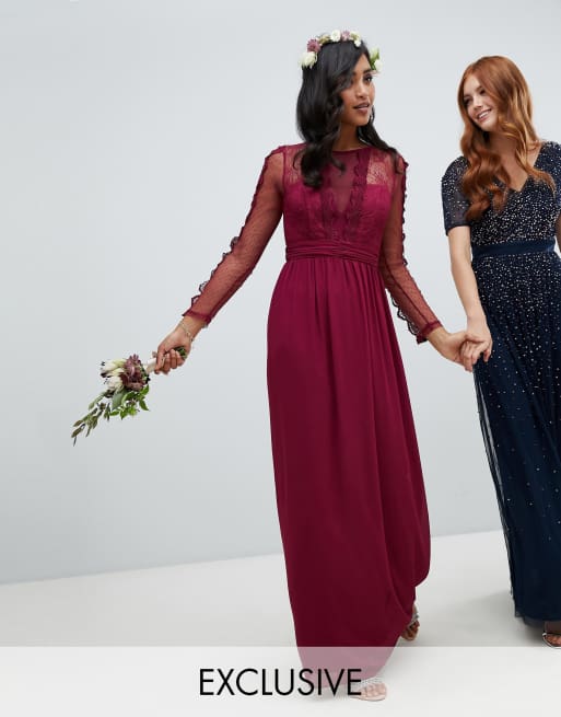 TFNC lace detail bridesmaid maxi dress in burgundy