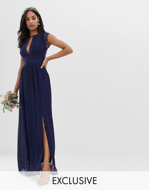 TFNC lace detail maxi bridesmaid dress in navy