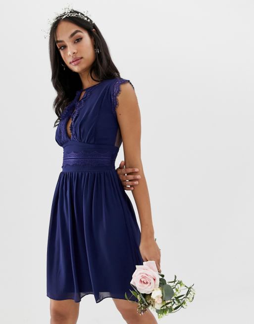 TFNC lace detail mini bridesmaid dress in navy ASOS TFNC lace detail mini bridesmaid dress in navy ASOS