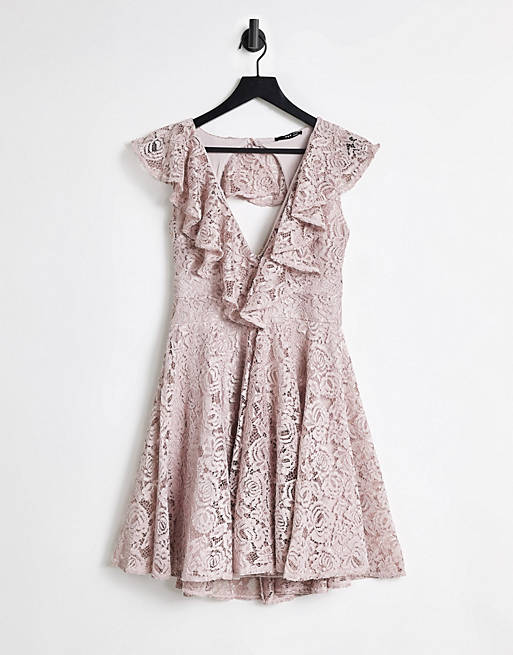 TFNC lace mini skater dress with frill detail in mink