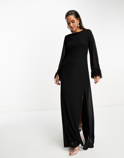 TFNC – Langärmliges Maxikleid in Schwarz mit Kunstfederbesatz an den Manschetten - view 1