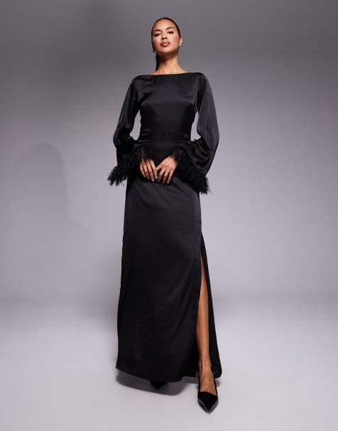 TFNC – Langärmliges Maxikleid in Schwarz mit Kunstfederbesatz an den Manschetten - view 1