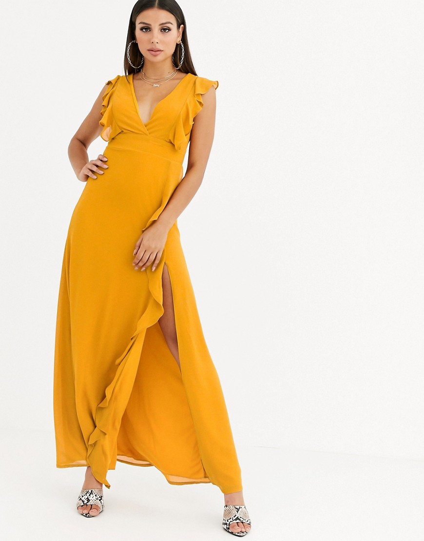 TFNC - Lange jurk met gekruiste achterkant, korte mouwen en ruches-Geel