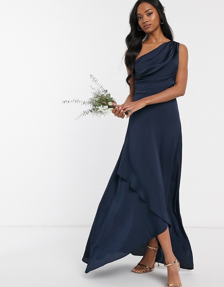 TFNC - Lange jurk voor bruidsmeisjes met een blote schouder in marineblauw-Grijs