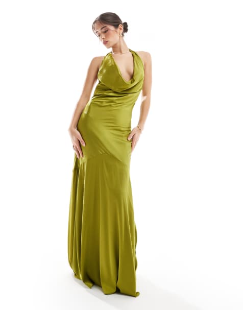 TFNC - L'invitée - Robe longue à dos nu et encolure bénitier - Olive - view 1