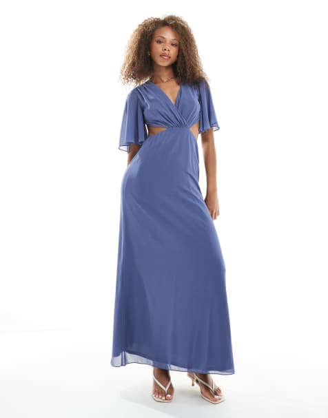 TFNC - L'invitée - Robe longue à manches évasées et découpes avec nœud à l'arrière - Bleu cendré - view 1