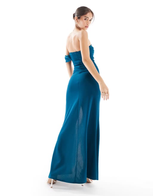 TFNC - L'invitée - Robe longue asymétrique à encolure bardot - Bleu sarcelle, 4 de 4
