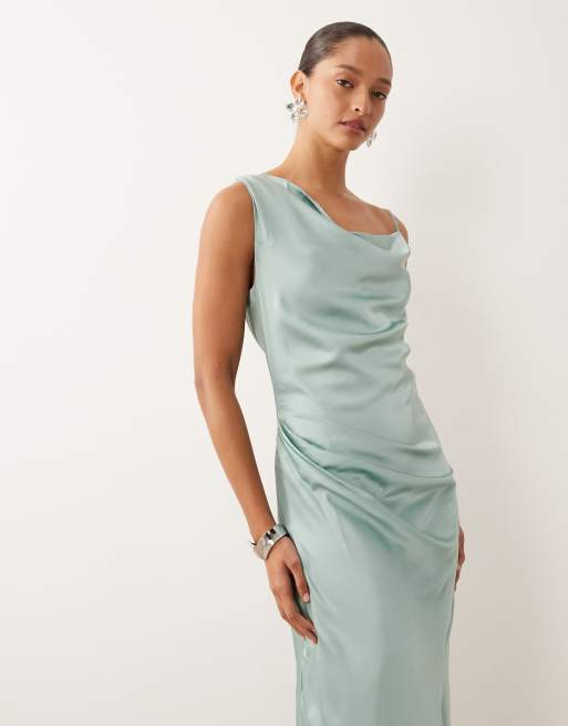 TFNC - L'invitée - Robe longue asymétrique en satin - Aigue-marine, 4 de 4