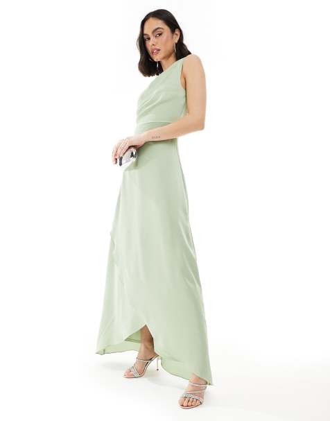 TFNC - L'invitée - Robe longue asymétrique en satin avec jupe portefeuille - Vert sauge - view 1