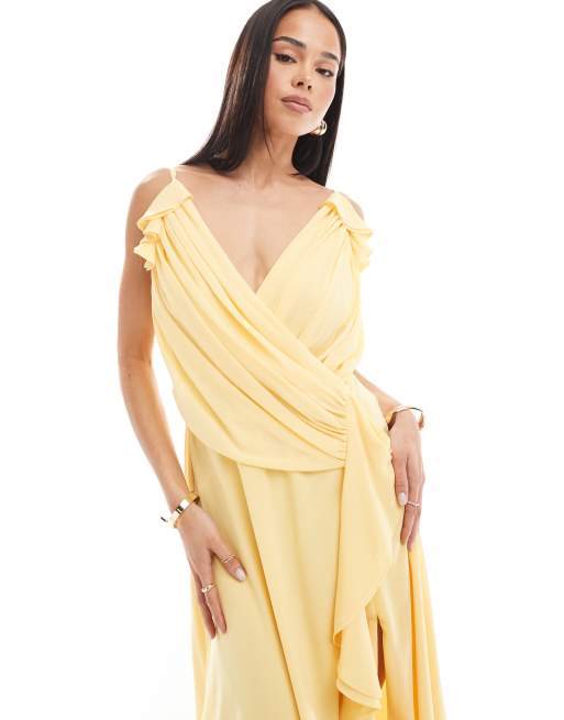 TFNC - L'invitée - Robe longue cache-cœur en mousseline à volants et fente - Citron, 2 de 4