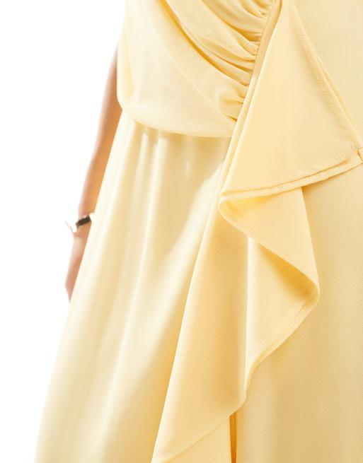 TFNC - L'invitée - Robe longue cache-cœur en mousseline à volants et fente - Citron, 3 de 4