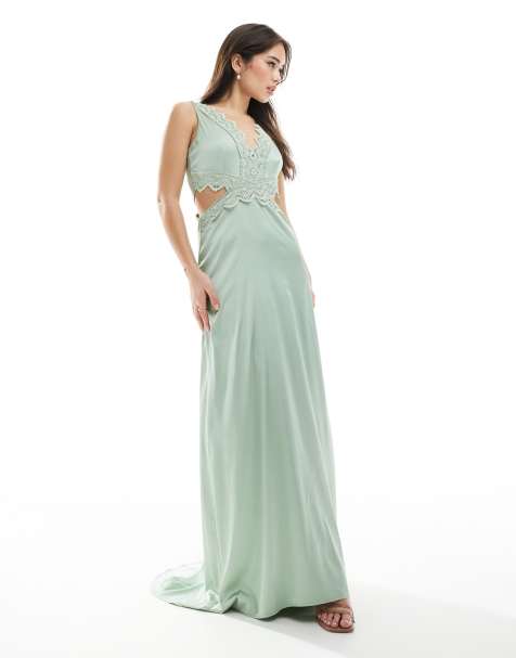 TFNC - L'invitée - Robe longue en satin avec détail festonné en dentelle - Sauge - view 1