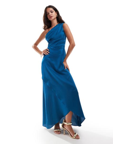TFNC - L'invitée - Robe longue satinée asymétrique - Sarcelle - view 1