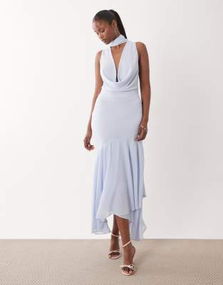 L'invitée - Robe mi-longue en mousseline à col bénitier et encolure nouée - Bleu givré 38