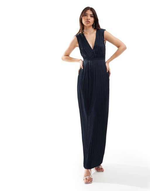 TFNC - L'invitée - Robe plissée longue en satin - Bleu marine