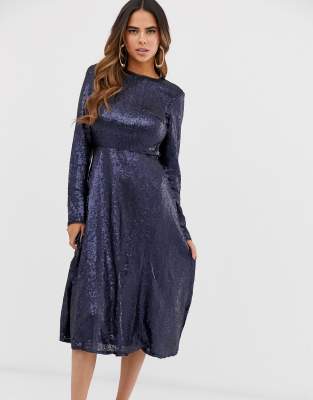 navy long sleeve midi dress